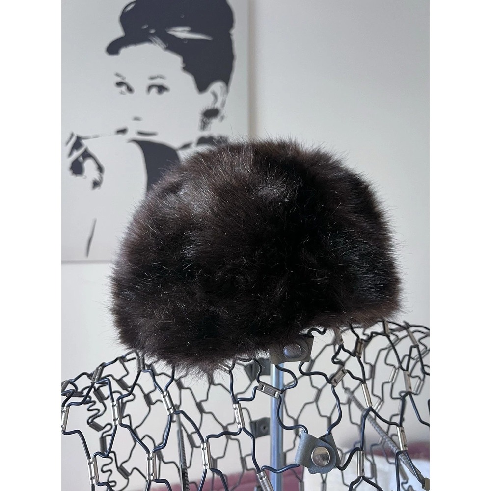 Vintage Dark Brown Faux Fur Pillbox Hat Made in England Winter Formal Retro